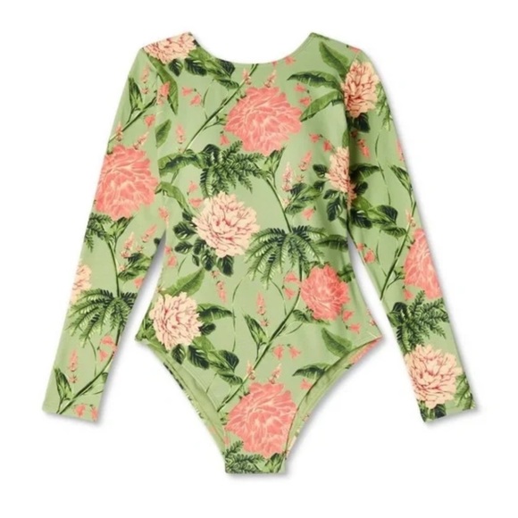 Long Sleeve Peony Floral Green and Pink One Piece Plunge back Swimsuit. - Picture 1 of 4